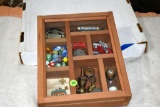Shadow Boxes Containing Marbles,Advertising Tins,Brass Valves, Bottle Opener and Bullet Pencil