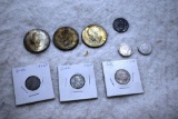 (3) 1776-1976 Ike Dollars 40% Silver ,1918 Buffalo Head Nickel, 1913 Steel Penny,1943 D Penny,1893
