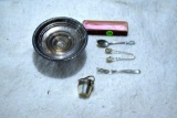 Weighted Sterling Dish, Sterling Pickle Fork, Sterling Sugar Cube Tongs, Sterling Spoon and