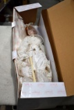 Franklin Heirloom Finebisqe Porcelain Hand Painted Doll W/ Clothing and Accessories and stand
