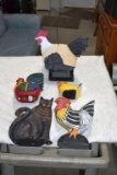 Chicken Birdfeeder and Other Painted Wooden Chickens
