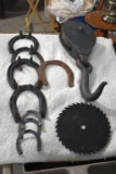 Large Metal Pulley, Horse Shoes, Saw Blade