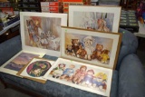(6) Prints And Water Colors, Unframed, Stuffed Animals, Doll Collection, Floral Prints
