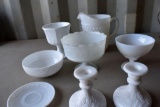 Milk Glass Pitcher, Milk Glass Vases, Milk Glass Candle Stick Holders