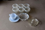 Anchor Hocking Hobnail Opalescent Moon Stone (6) Sherbets, Juicer, Fire King Sugar