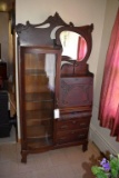 Mission oak, curved glass, bevelled mirror, drop front writing desk secretary, in very good shape
