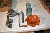 Vintage Apple Sauce Maker, Missing Parts, 2 Blue Ball Canning Jars and Fiesta Ware Dish