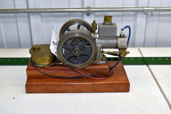Scratch Built Battery Operated Single Cylinder Double Flywheel Engine Mounted on Wood Platform