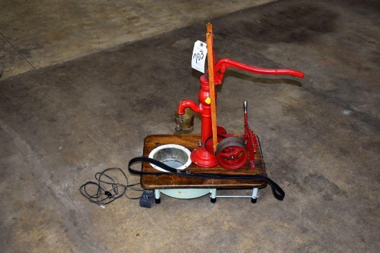 Restored Electric Belt Driven Water Fountain Pump Mounted on Wood Platform with Bowl and