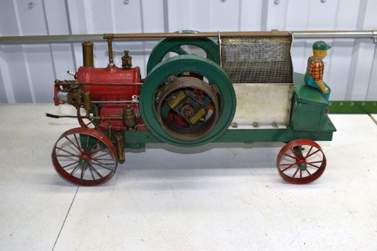 Restored Electric 1 Cylinder Double Flywheel Scale Model Engine on Metal 4 Wheel Truck, With