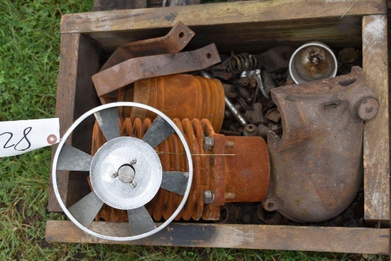 Assorted Gas Engine Parts Including: Cylinder, Pistons, Carbs
