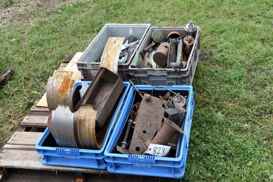Pallet of Assorted Engine Parts, Scale Parts, Sad Iron, Caster Wheels, Gas Engine Crank Covers
