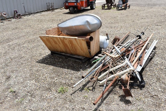 Assorted Metal Piping, Angle Iron, Metal Yard Art, Aluminum Boat Tank, and More