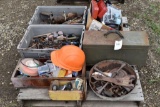 Pallet of Assorted Gas Engone Parts, Vintage Monkey Wrenches, Vintage tool Box, Brake Lights