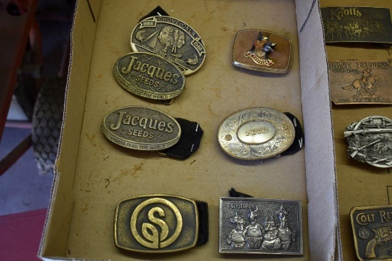 Six belt buckles: Grove OK, German Shepherd, Jakes Seed Corn, Pete, Critters, Stoffer Seed Corn