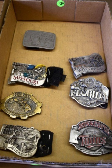 7 belt buckles: Midland farm power, MO, LI, Min, Wis, Twins