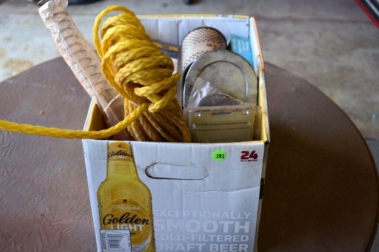 Box of pins, International filters, wood burning pen, electrical components, rope, hose