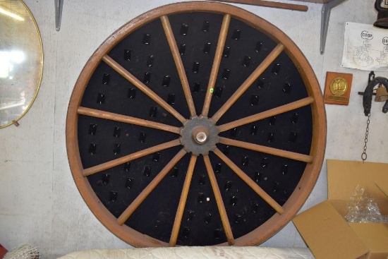 45in wood spooked wheel mounted on wall with glass top