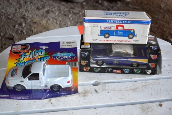 37 Chevy Pickup Die Cast Bank With Box, Viking Die Cast Car With Box, Ford f150 Truck On Card