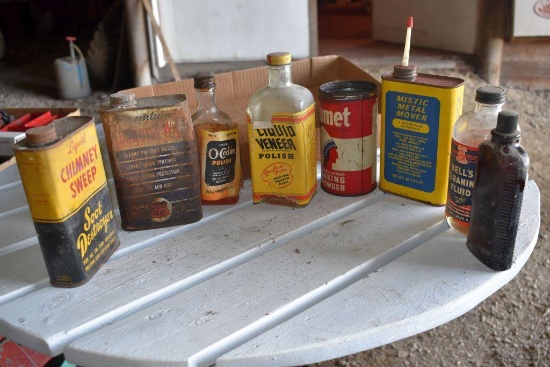 Assortment Of Advertising Litho Cans And Bottles With Paper Labels