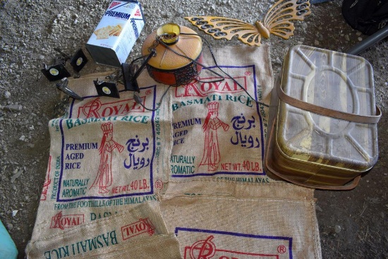 Burlap Sacks, Tin Lunch Box, Tin Saltine Tins, Metal Butterflies