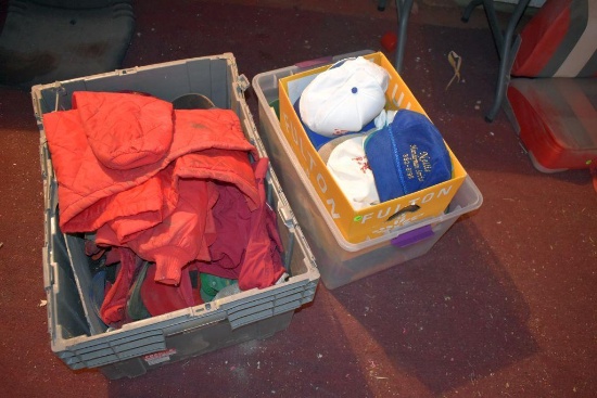 (2) Totes And One Box Containing Seed Corn And Assorted Hats