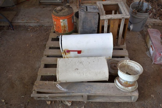 Pallet of mail boxes, rim, and gopher traps