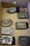 belt buckles: American Farmer, Corn Growers of America, Pig, Ford Model T, Hog Belt, and Pik