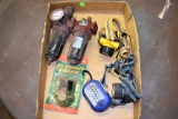 Box of air pressure regulators, two head lights and an led light with hook and magnet