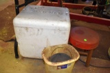 Foam container, small waste basket, small tin bucket and small wooden stool