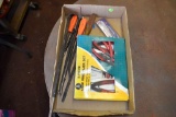 Assorted crow bars, five piece snap ring puller set, and a brand new 500 watt halogen bulb