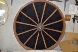 45in wood spooked wheel mounted on wall with glass top