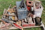 Assorted tractor Hitches, Belt Pulley Parta, Battery Box Parts, Springs