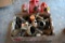 Box of automotive oil cans and 3 gas cans