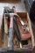 Box of Misc. Tools, Hammer, Hacksaw, Pipe Wrench