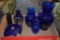 4 Blue Vases and Blue Painted Fan