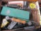 Box of Assorted Tools with Tape Measures, Screwdrivers, and Vise Grip