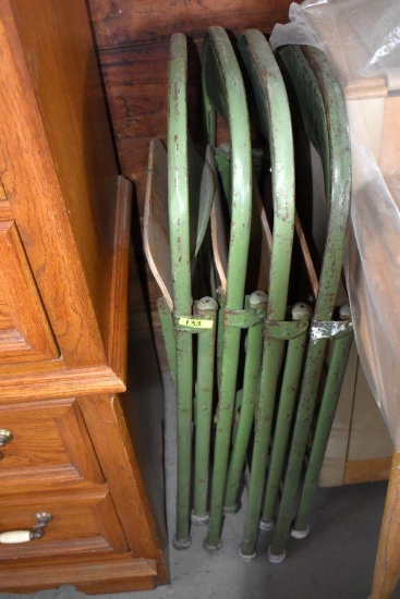 4 Vintage Metal Folding Chairs, Wooden Seats Green