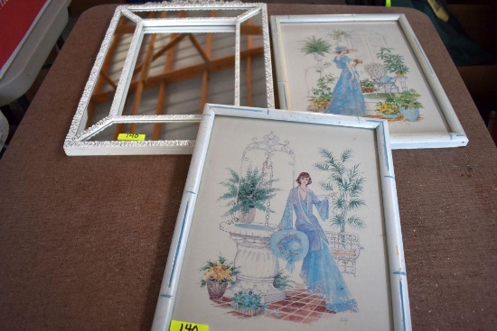 1 White Framed Mirror with two garden lady prints