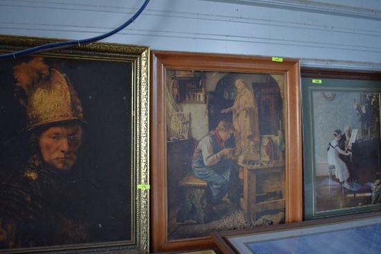 3 Prints: All Approx. 22"x24". Man in helmet, Religious by Toby Rosenthal and Girl with Piano
