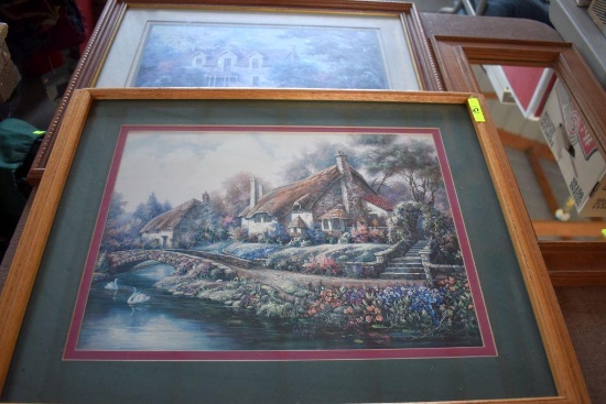 2 Framed Prints and Framed Mirror 19"x10". House 22.5"x18.5", Cottage 22"x19"