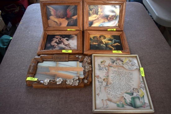 Four(4) 5"x7" Frames with Angels, Framed Mirror, Antique Framed Nurses Prayer dated 1941