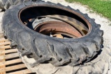 2 11.2-38 Goodyear Tires with Excellent Tread, Only One with Rim