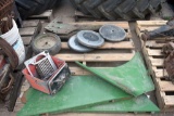 Misc. Pallet Including Green Sheet Metal, Plow Part, Cultivator Part