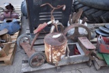 Misc. Metal Pieces Including Trike, Gas Can, Yard Tool Ends And Wooden Pulley