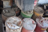 Barrel and Pump - Contents Unknown and Misc. 5 Gal Pails, Gas Can and Plastic Container