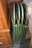 4 Vintage Metal Folding Chairs, Wooden Seats Green