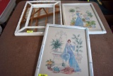1 White Framed Mirror with two garden lady prints