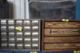 2 Bolt Bins, one plastic, one wood with contents