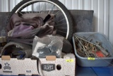 Bicycle gear, two tires on rims, 4 helmets, misc. parts